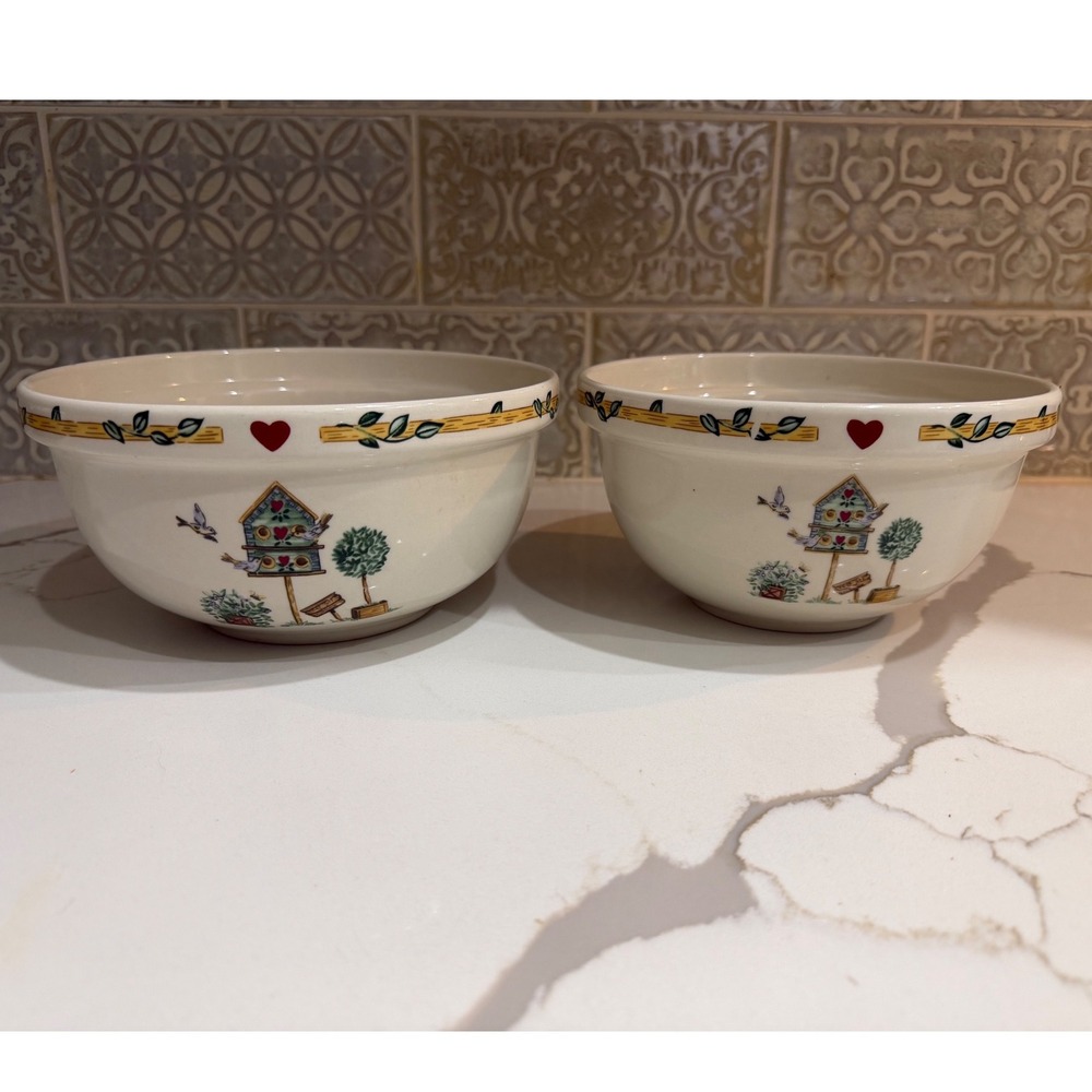 Thomson Pottery Folk Art Birdhouse Nesting Mixing Bowls Set of 2 Hearts Country